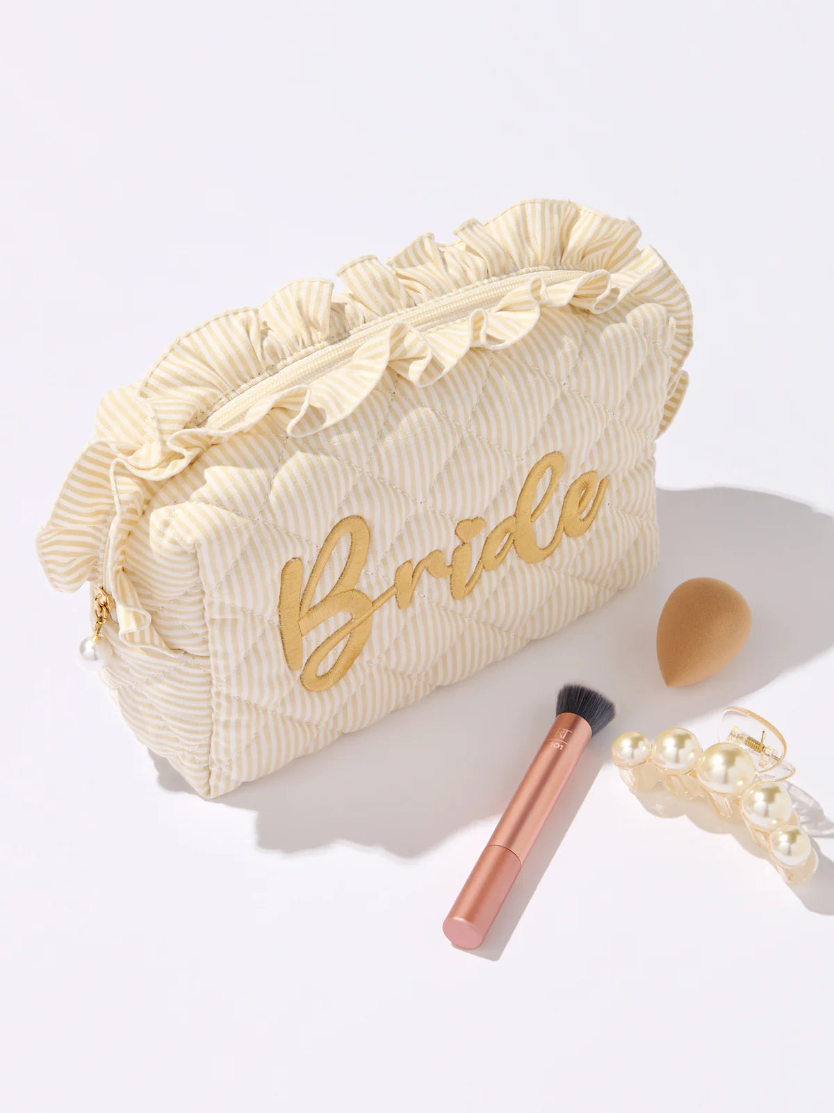 Beige Ruffle "Bride" Large Zip Pouch