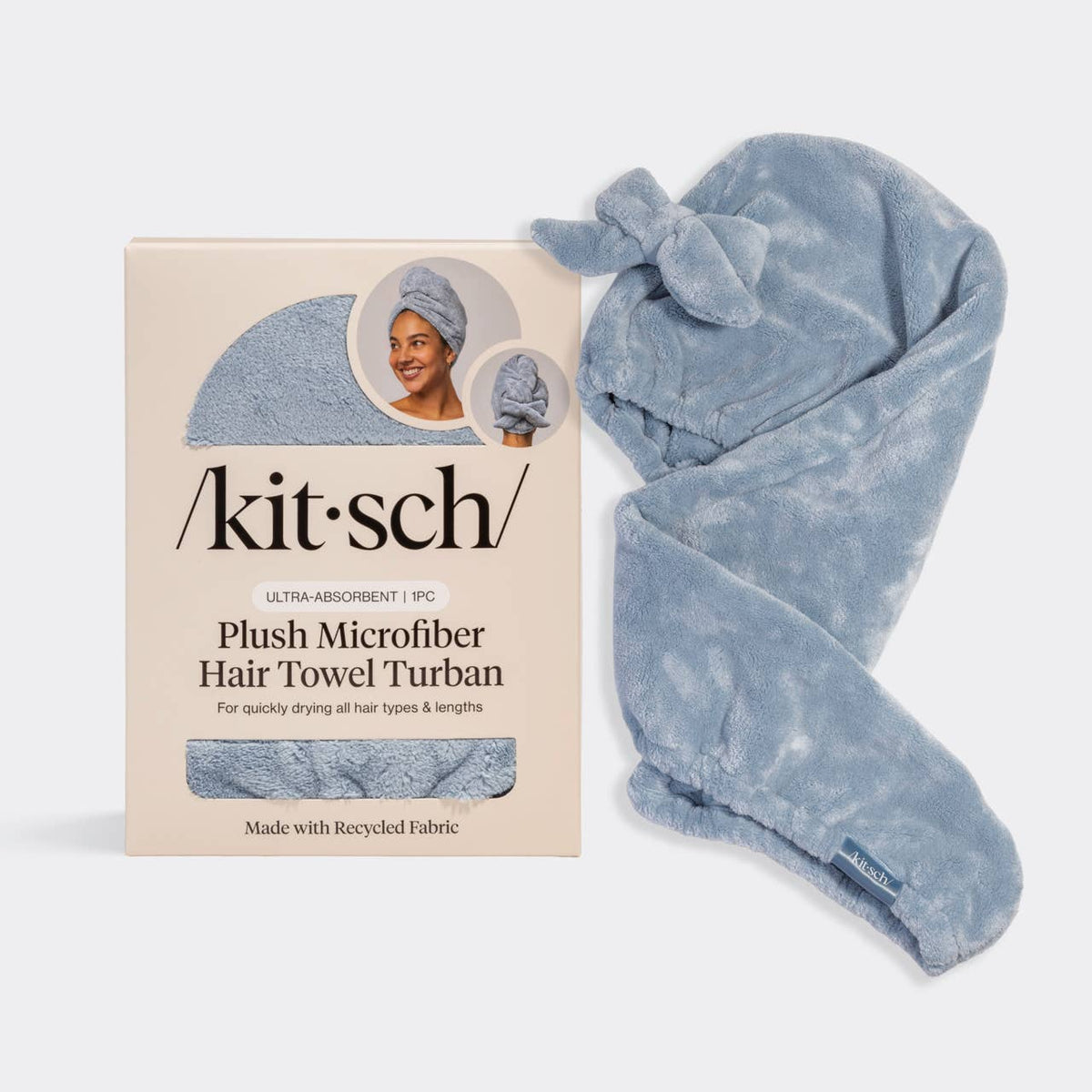 Plush Microfiber Hair Towel Turban with Bow - Coastal Blue