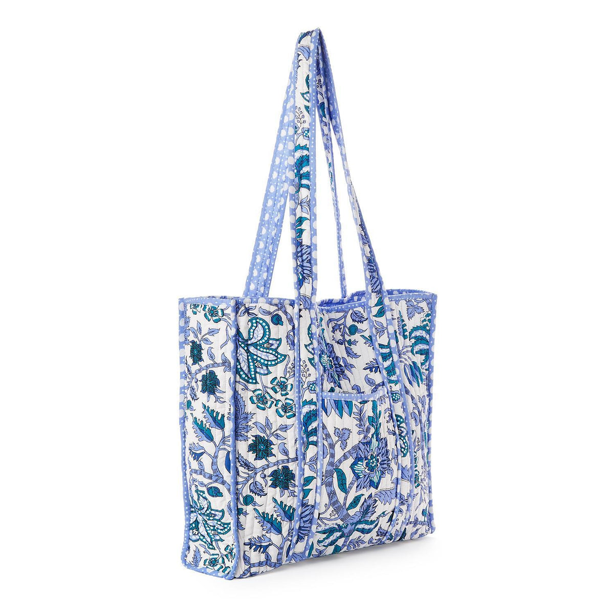Coastal Cool Cotton Block Printed Reversible Tote with Lining in Coordinating Blue and White Bamboo Print