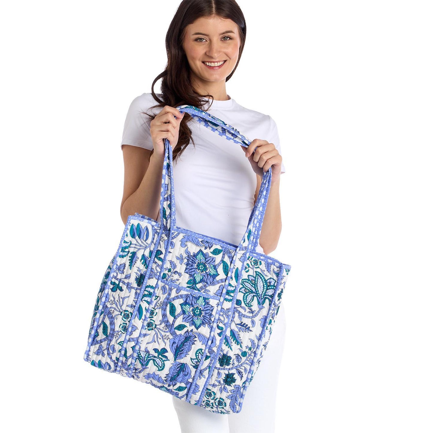 Coastal Cool Cotton Block Printed Reversible Tote with Lining in Coordinating Blue and White Bamboo Print