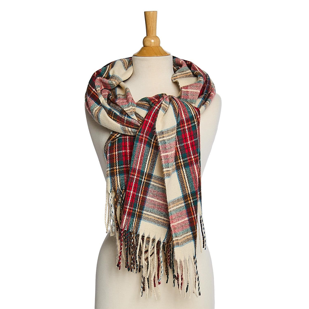 Winter White Tartan Scarf with Fringe Trim