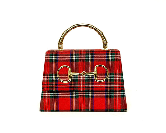 Red Plaid Lulu with Gold Bamboo Handle, Gold Charms