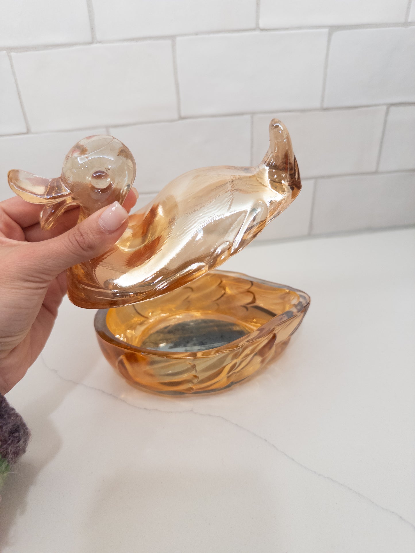 Vintage Marigold Carnival Glass Duck Lidded Candy Dish