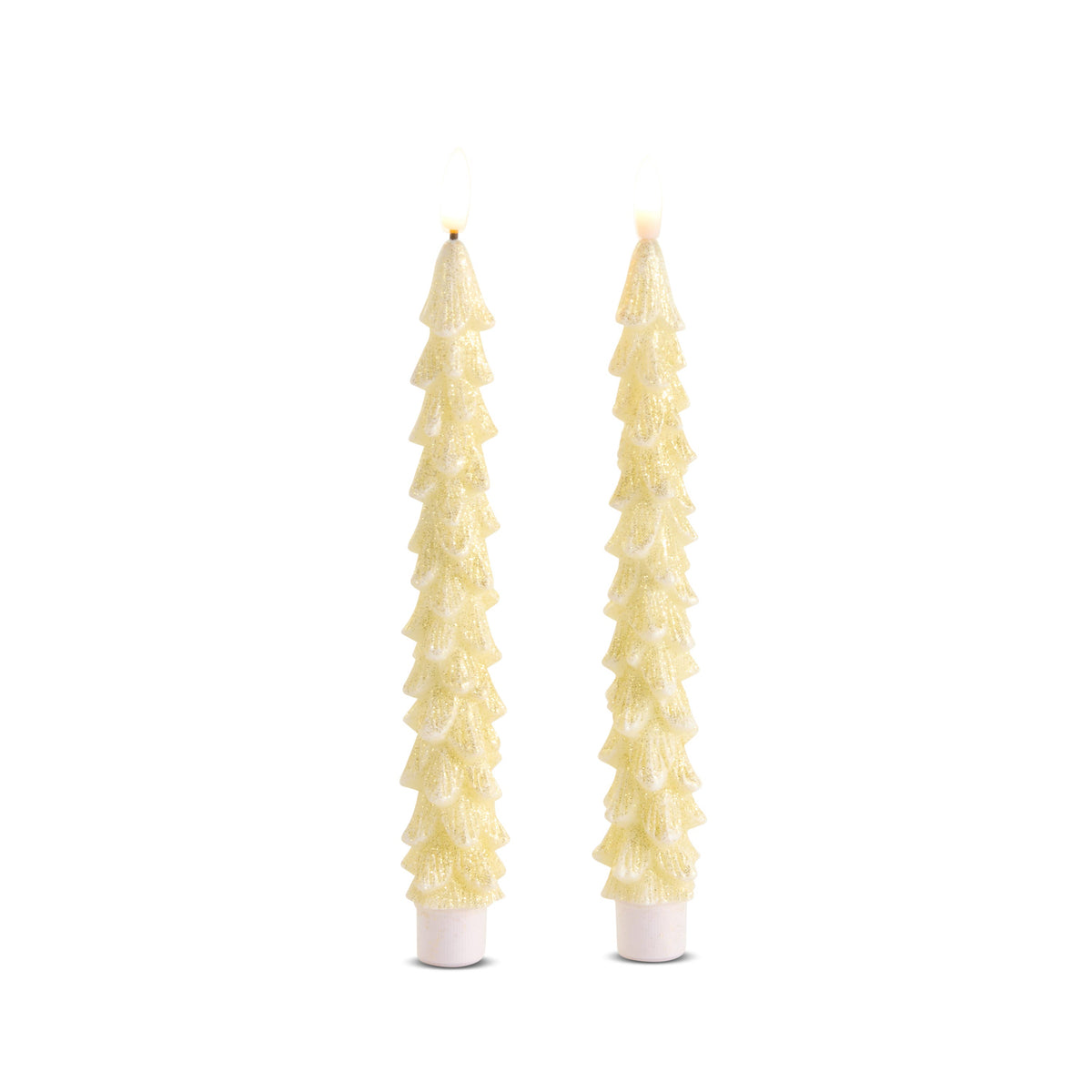 Set of 2 glittered gold Christmas tree LED taper candles, 8.5 inch