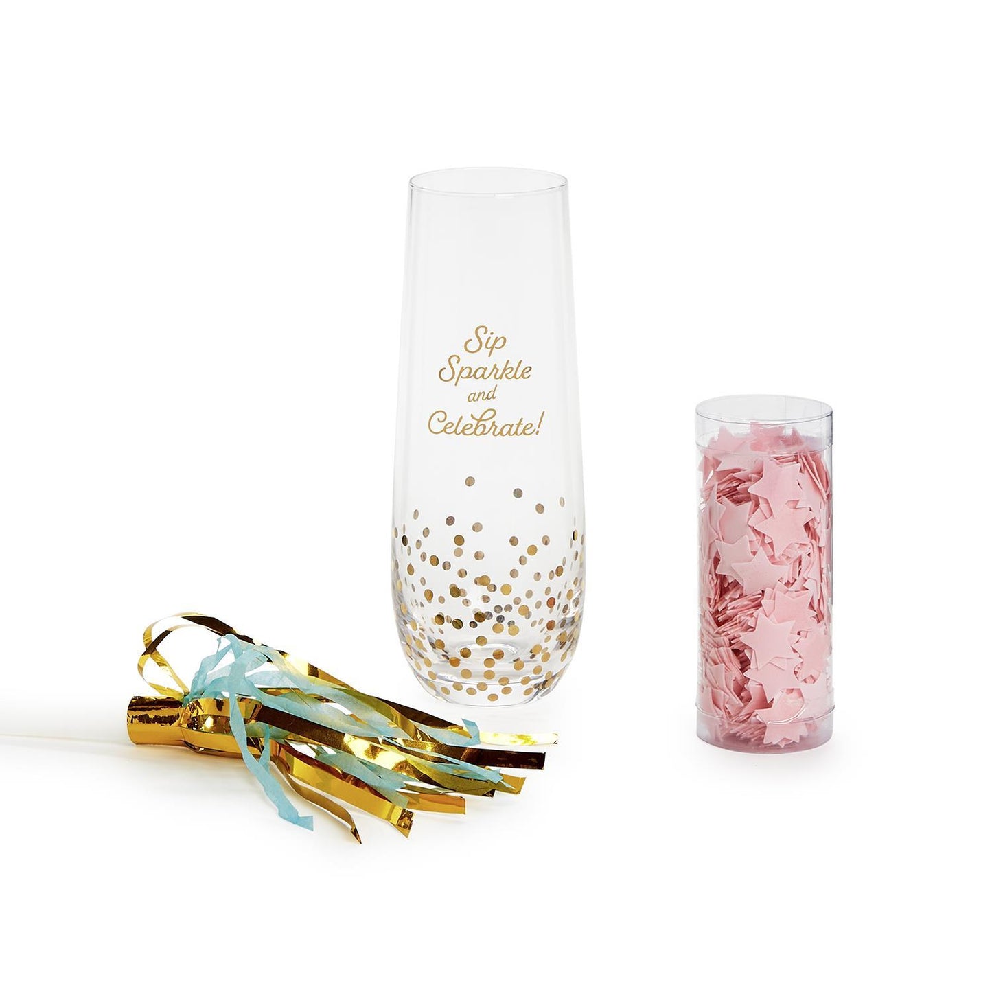 Stemless Champagne Glass with Star Bath Confetti and Noise Maker