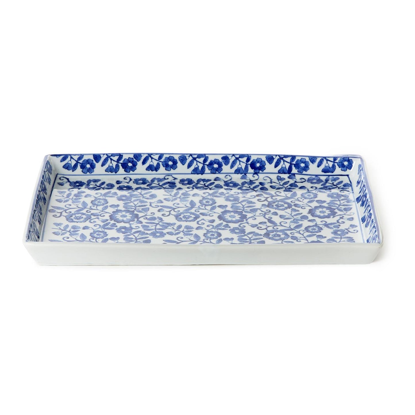 Chinoiserie Hand-Painted Blue and White Floral Tray