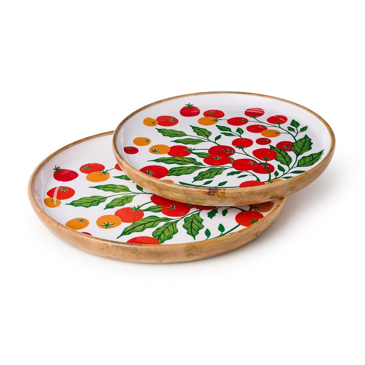 Garden Harvest Hand-Crafted Wood Round Trays with Enamel