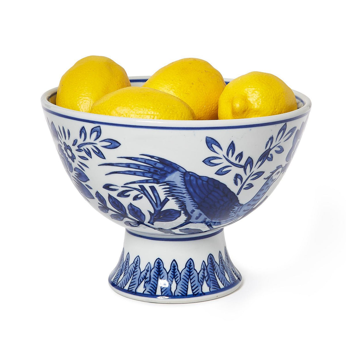 Blue and white hand-painted chinoiserie porcelain 8 inch bowl with flora and fauna design