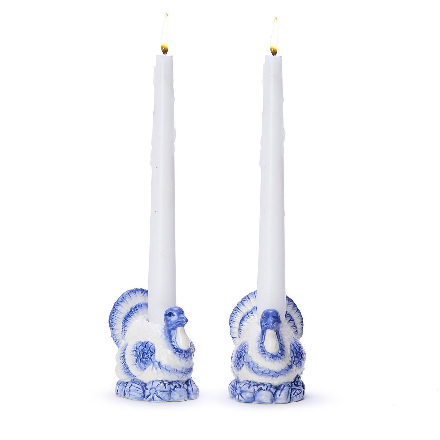S/2, Blue and White Hand-Painted Turkey Candleholders