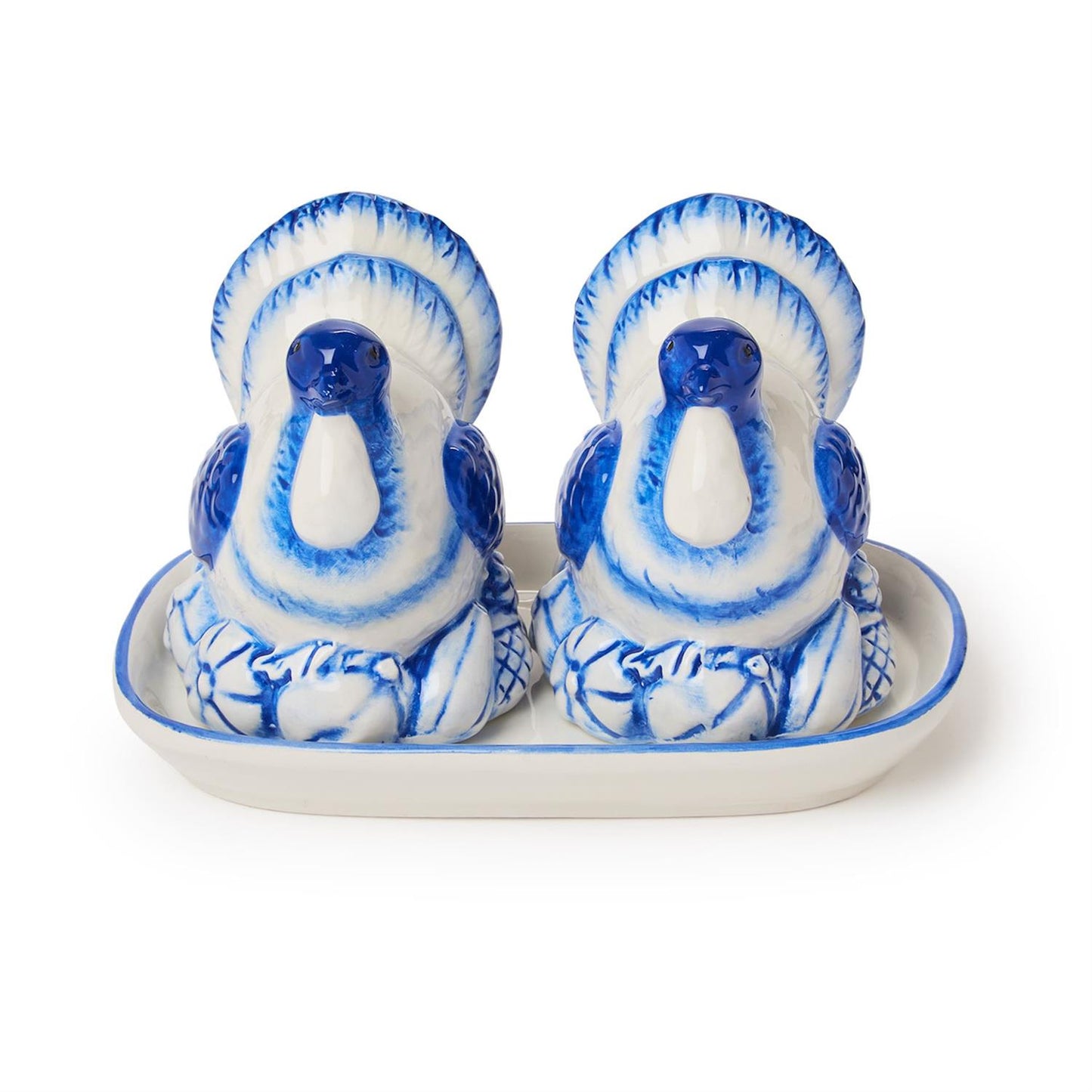 Blue and White Hand-Painted Turkey Salt and Pepper Shaker Set with Tray