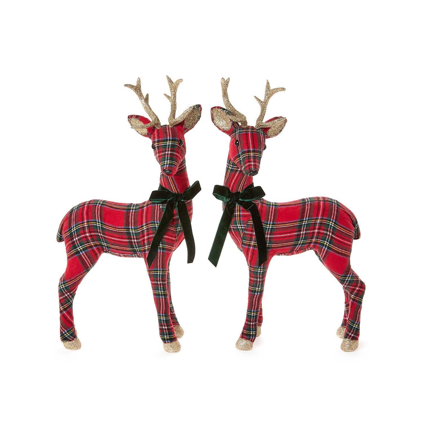Holiday Tartan Deer with Velvet Bow and Glitter Accents