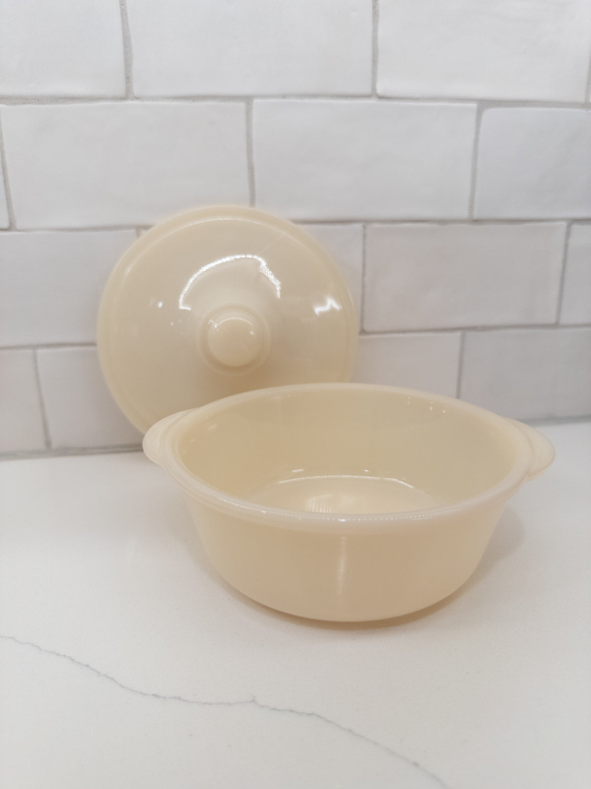 Vintage Fire King Ivory Philbe Glass Lidded Casserole Dish