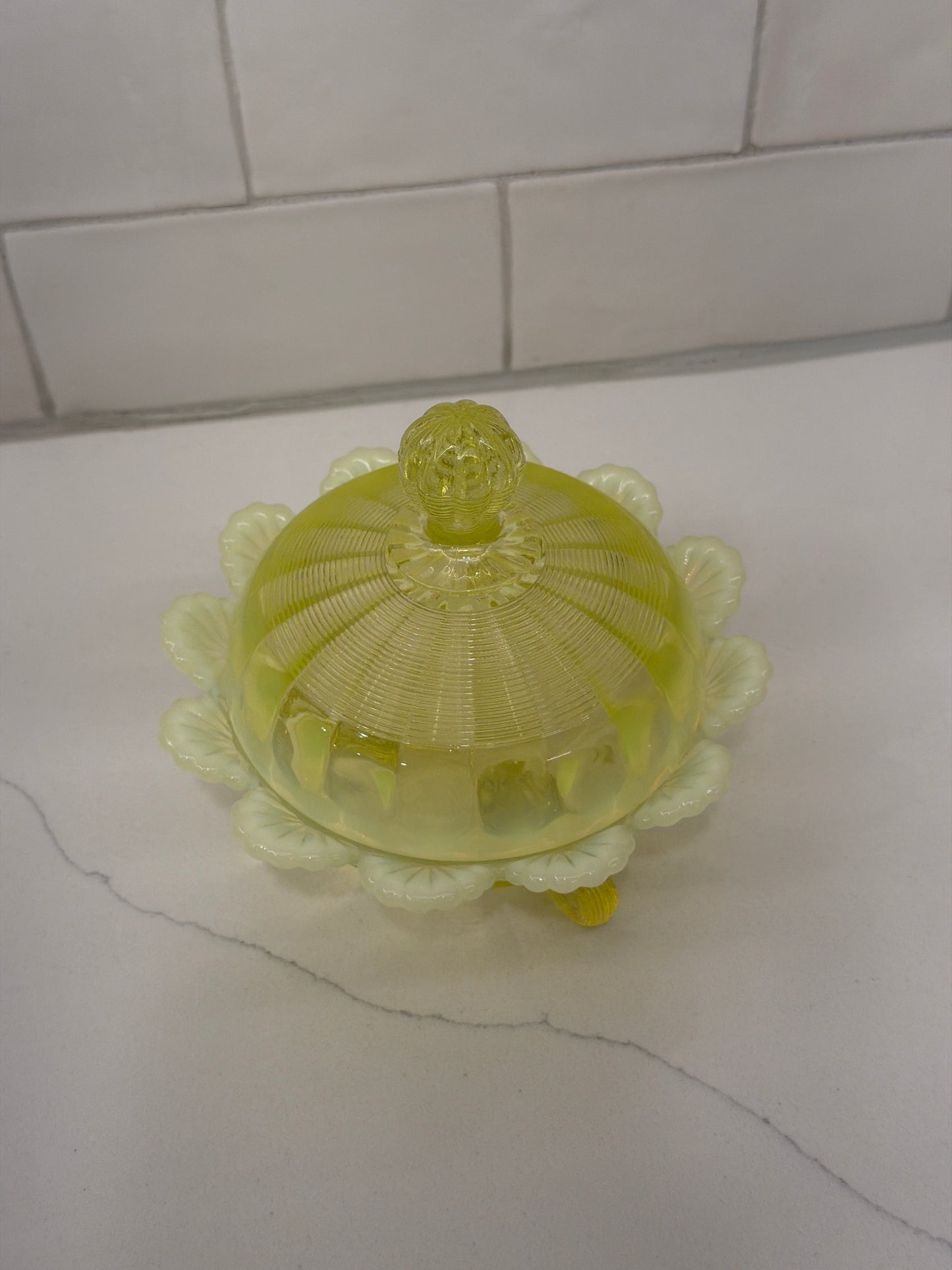 Vintage Northwood Vaseline Opalescent Ribbed Covered Footed Candy/Butter Dish