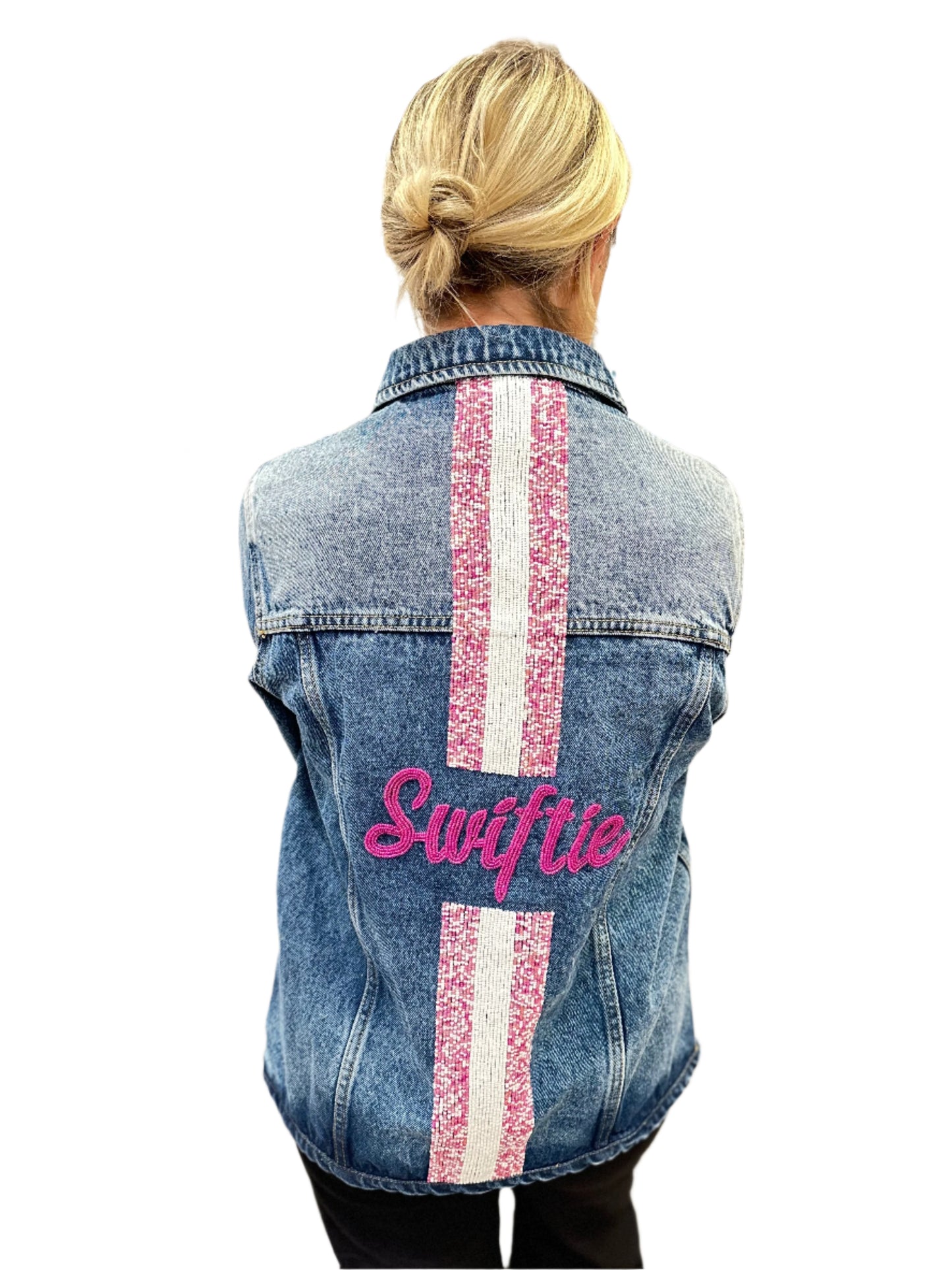 Swiftie Denim Jacket W/ Pink & White Stripe