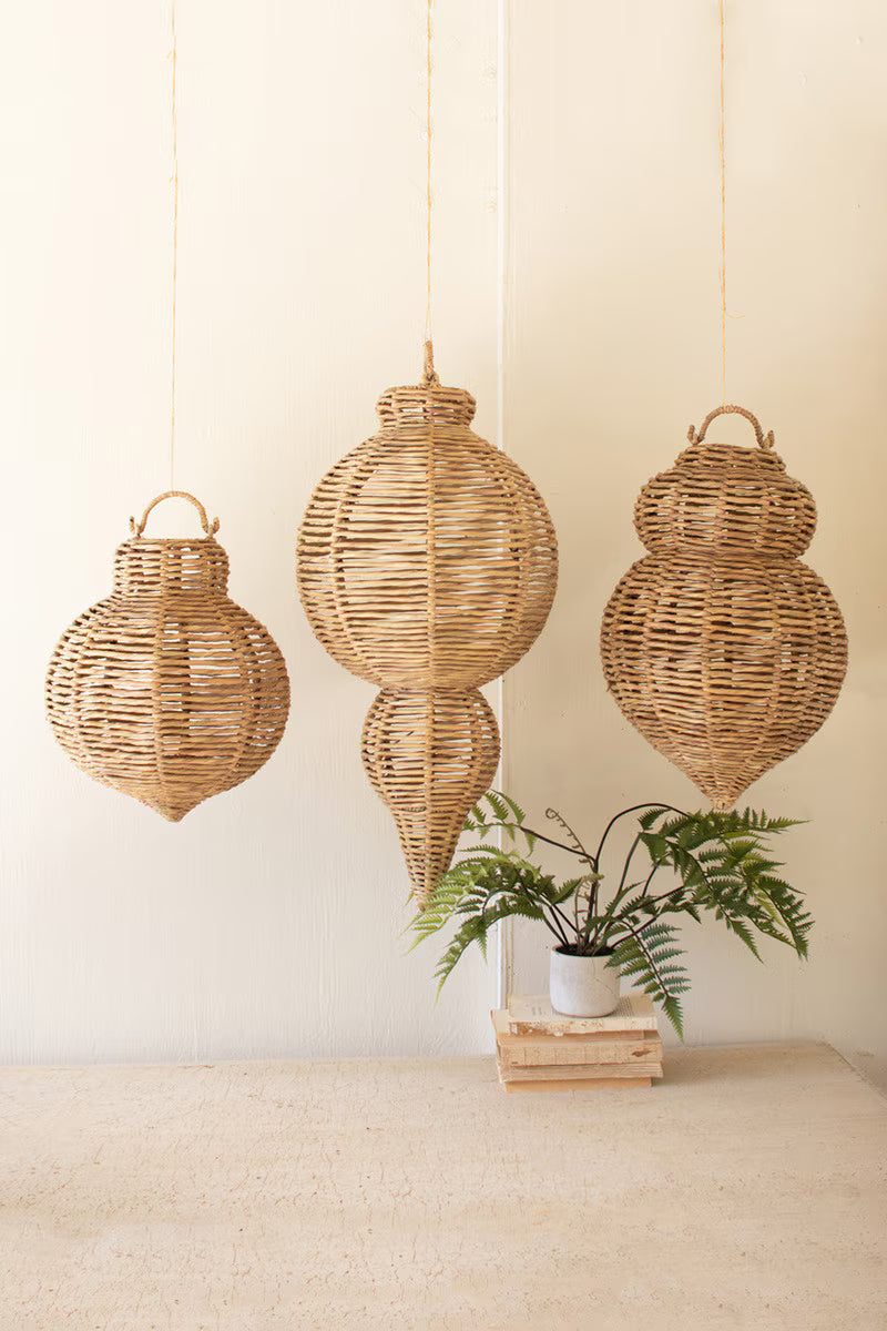 S/3 Large Woven Seagrass and Iron Ornament