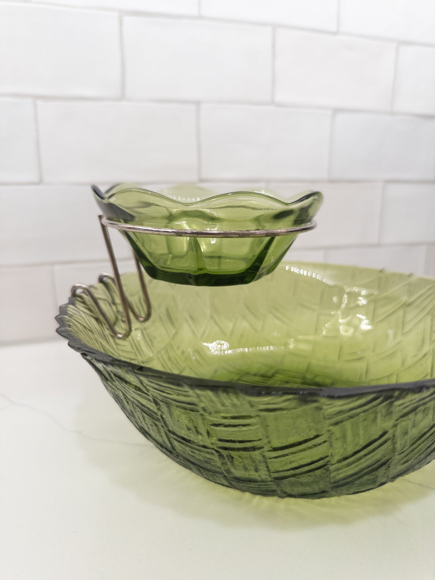 Vintage Indiana Avocado Green Basketweave Chip and Dip Set