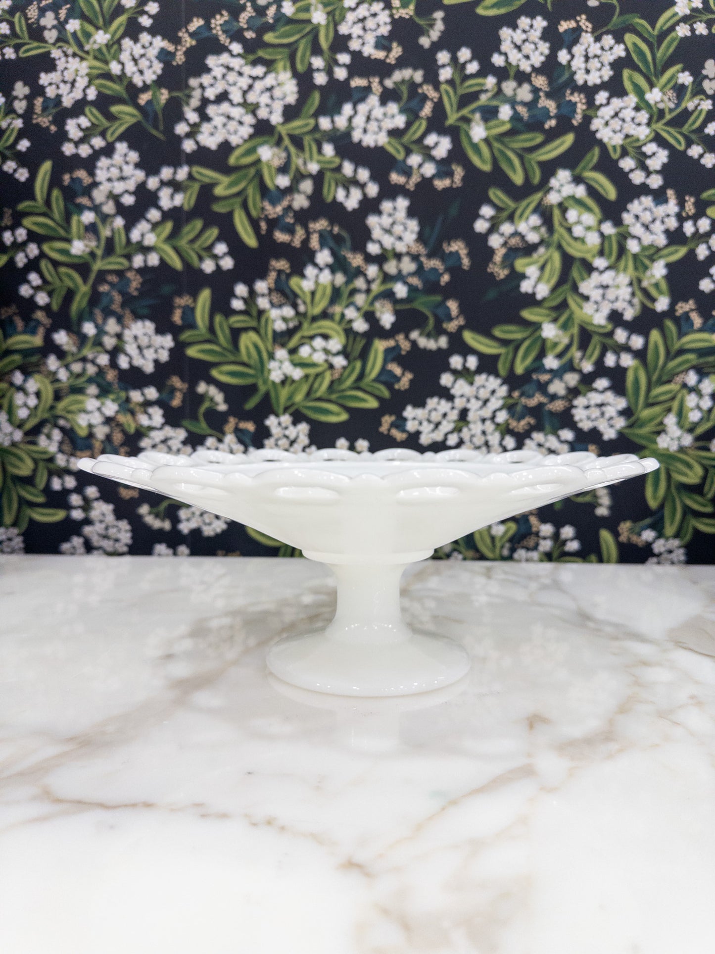 Vintage Milk Glass Lace Scalloped Edge Compote