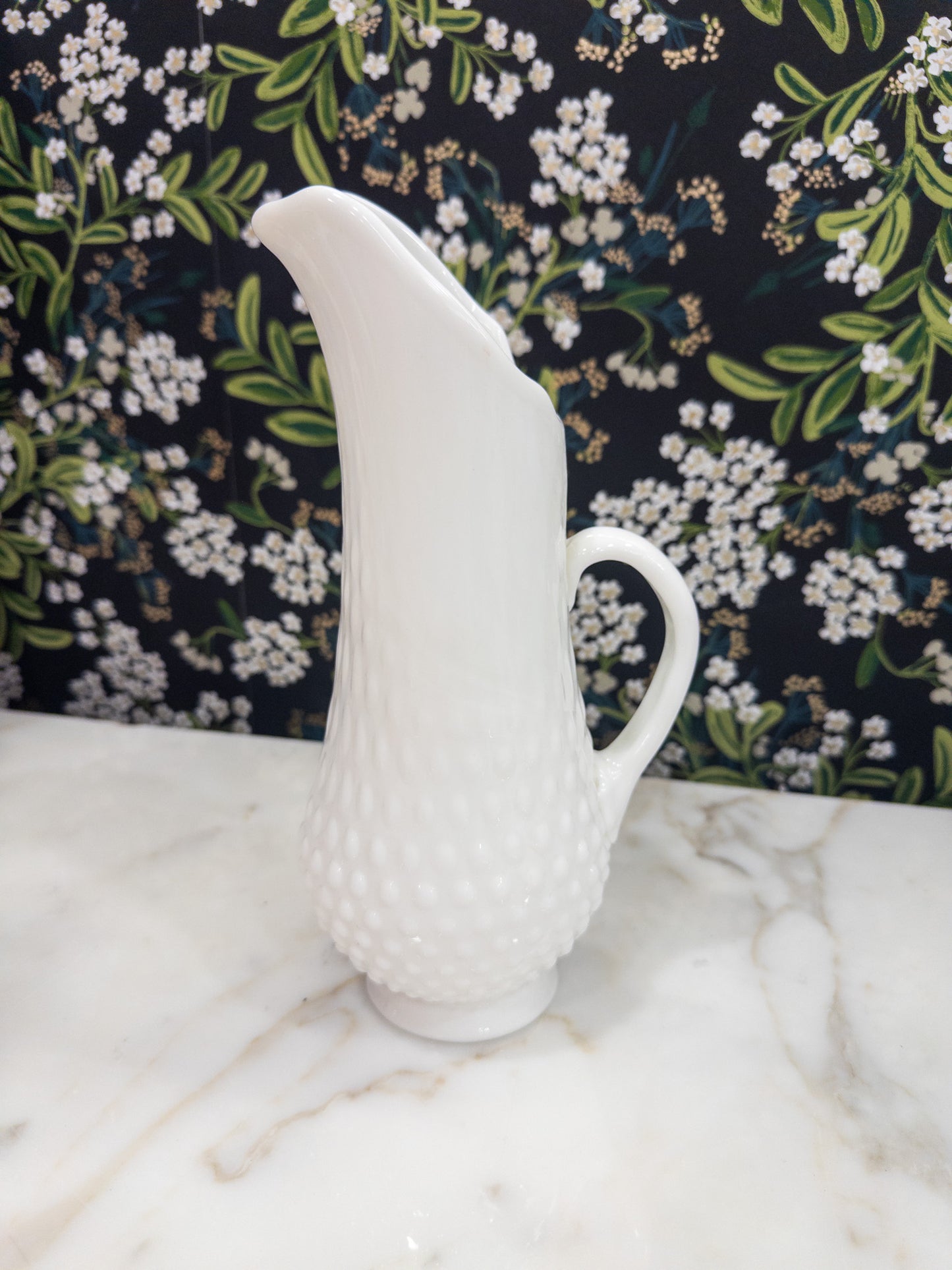 Vintage Fenton Hobnail Milk Glass Pitcher w/ C-Shaped Handle