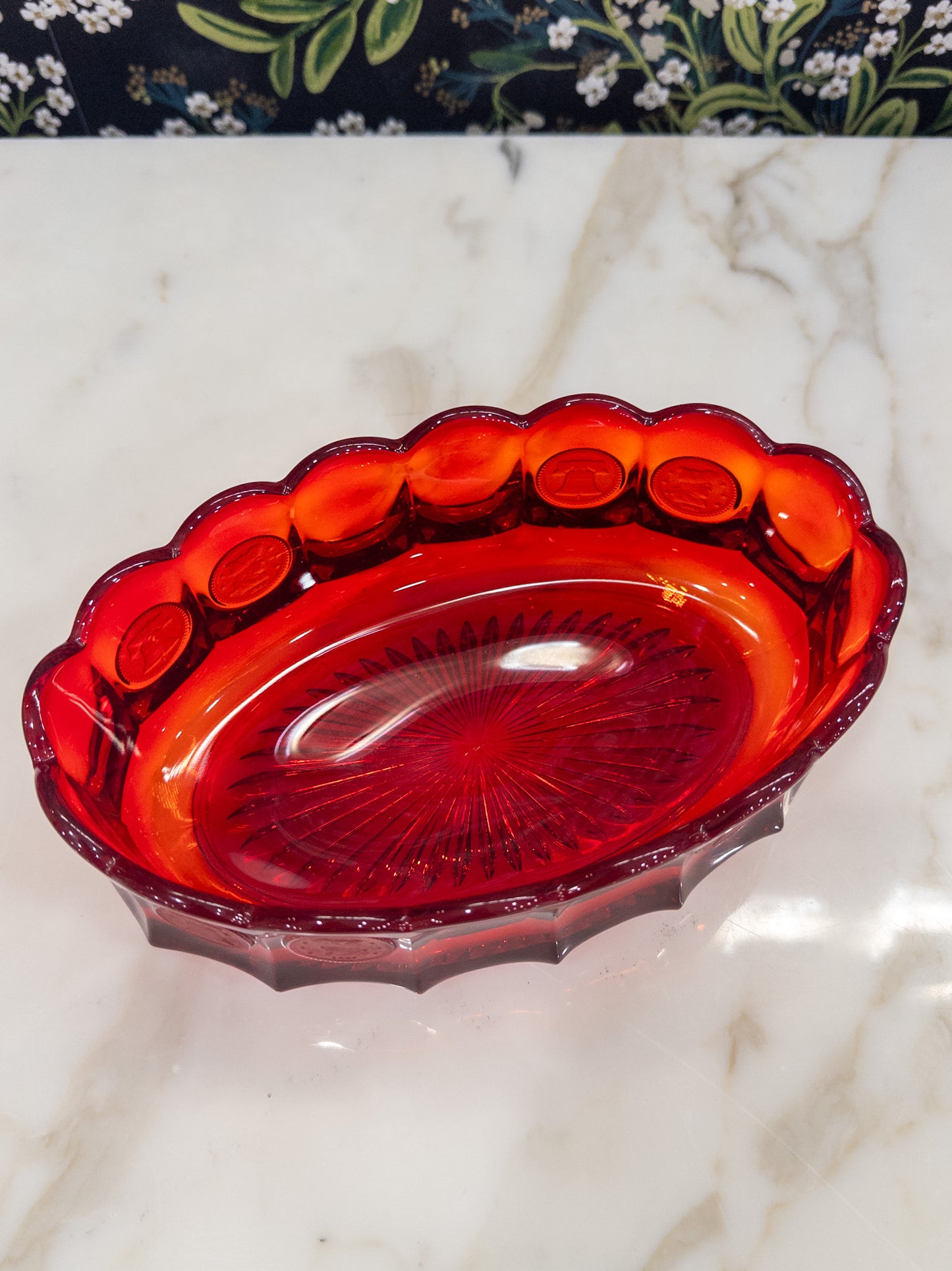 Vintage Fostoria Coin Glass Scalloped Rim Console Bowl