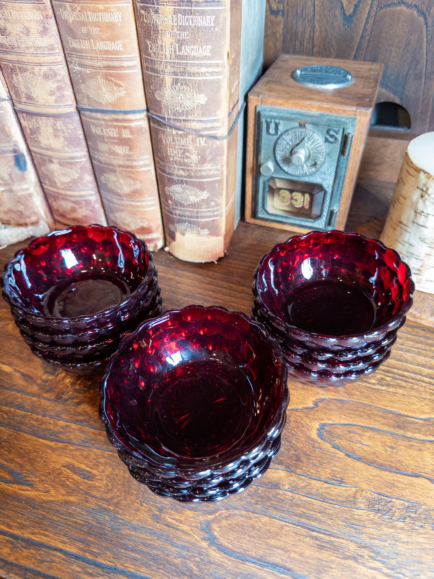 S/12 Vintage Anchor Hocking Ruby Red Bubble Pattern Bowls