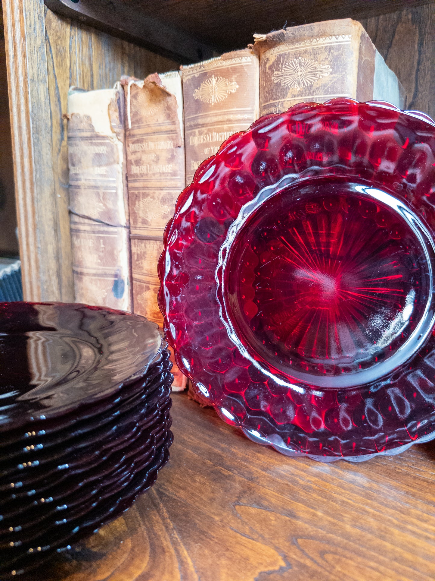 S/12 Vintage Anchor Hocking Ruby Red Bubble Dinner Plates with Scalloped Edges