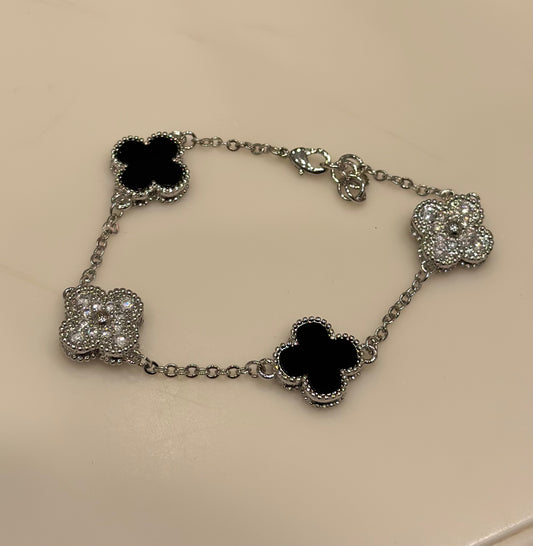 Onyx & Crystal Silver Clovers Bracelet