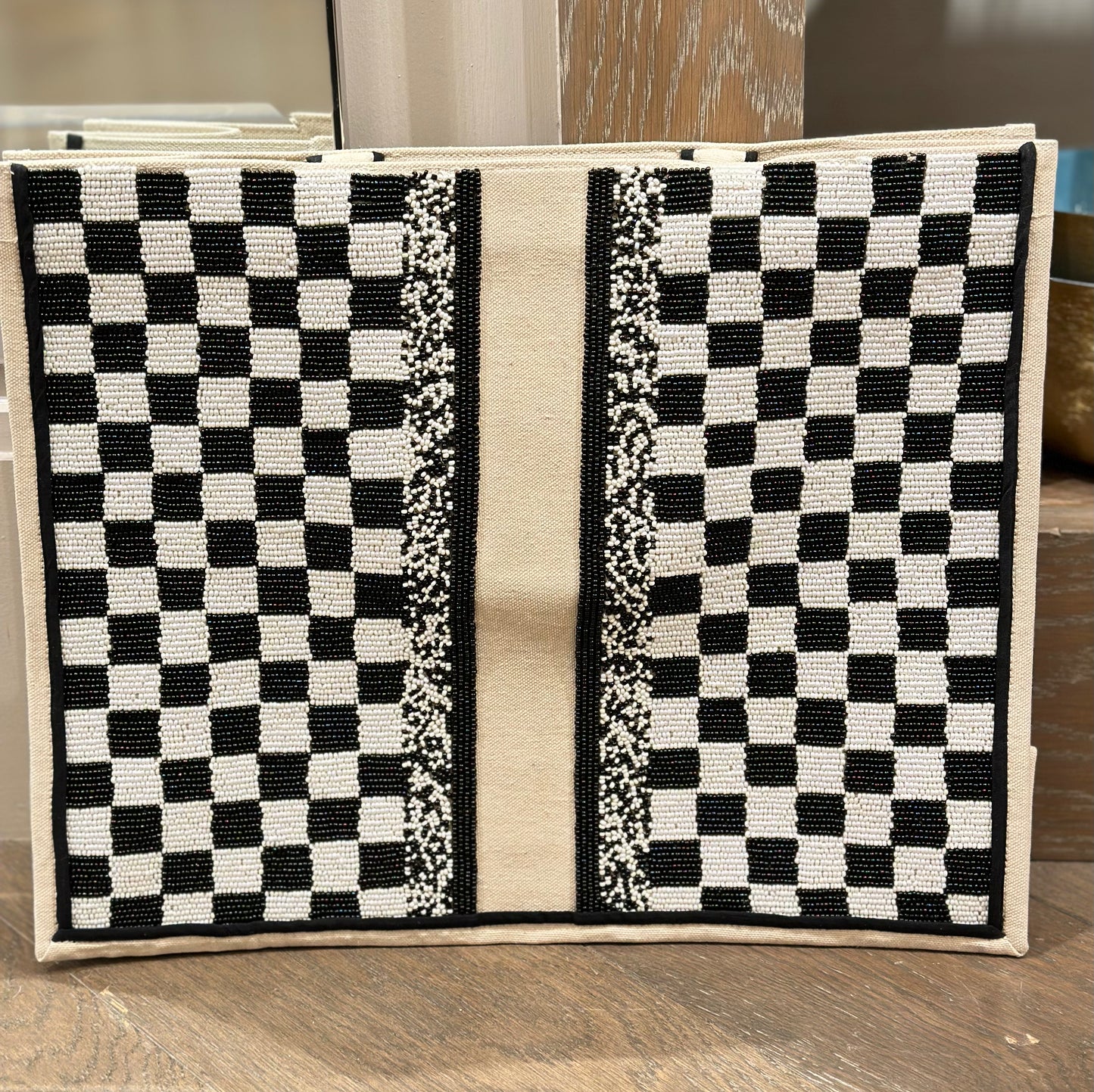 Black/White Checkered Large Beaded Tote