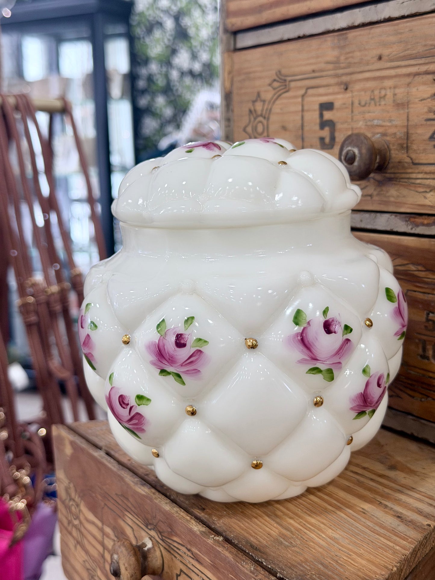 Vintage Consolidated Milk Glass Biscuit Jar w/ Hand Painted Roses