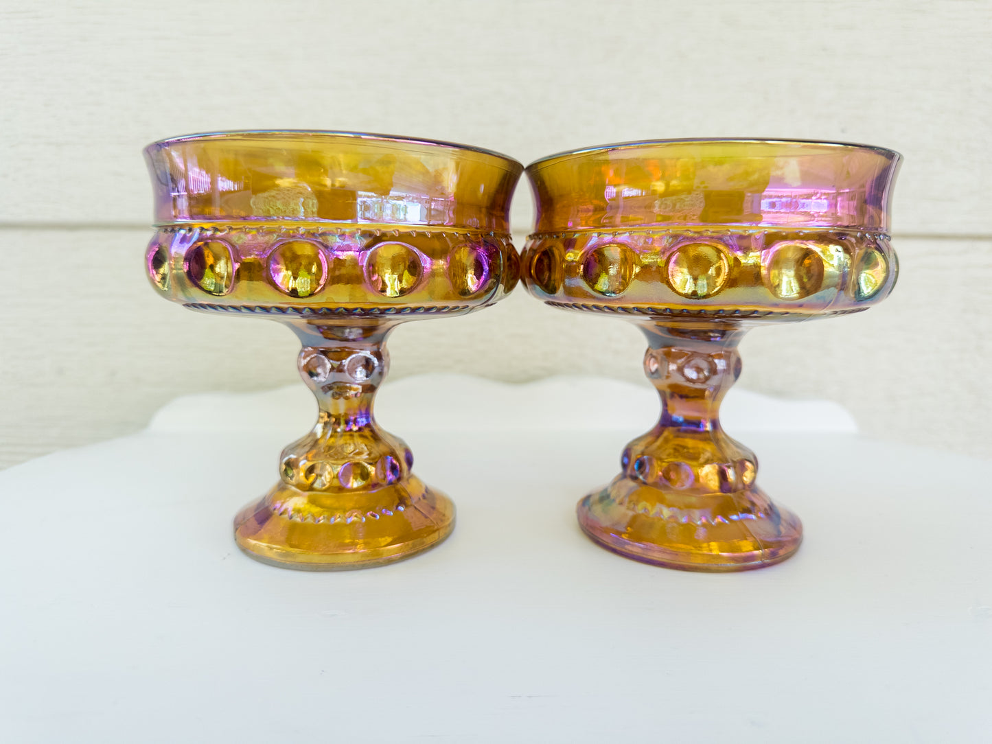 Vintage Marigold Carnival Glass King's Crown Compote, Set of 2