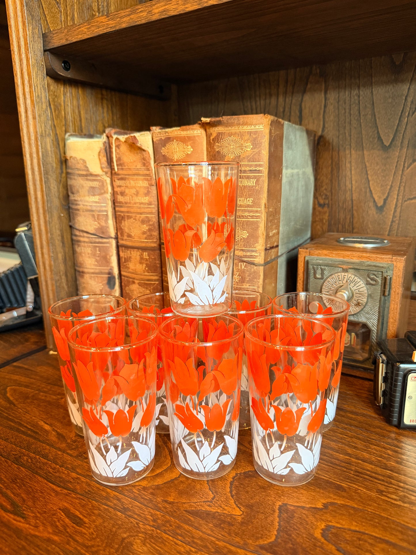 S/8 Vintage Glass Tumblers w/ Orange Tulip + White Leaf Design