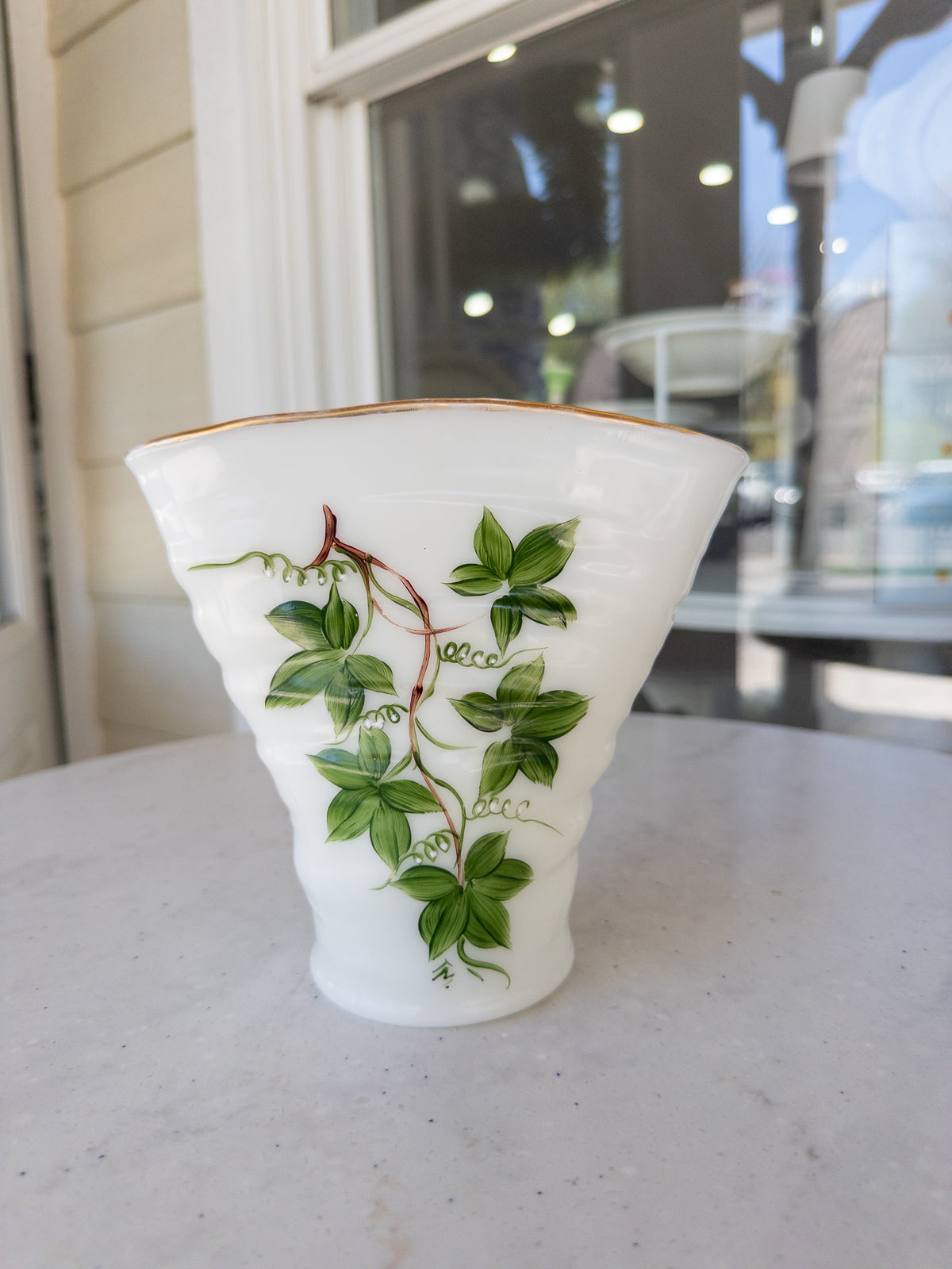 Vintage Hand-Painted Ivy Milk Glass Fan Vase w/ Gold Rim