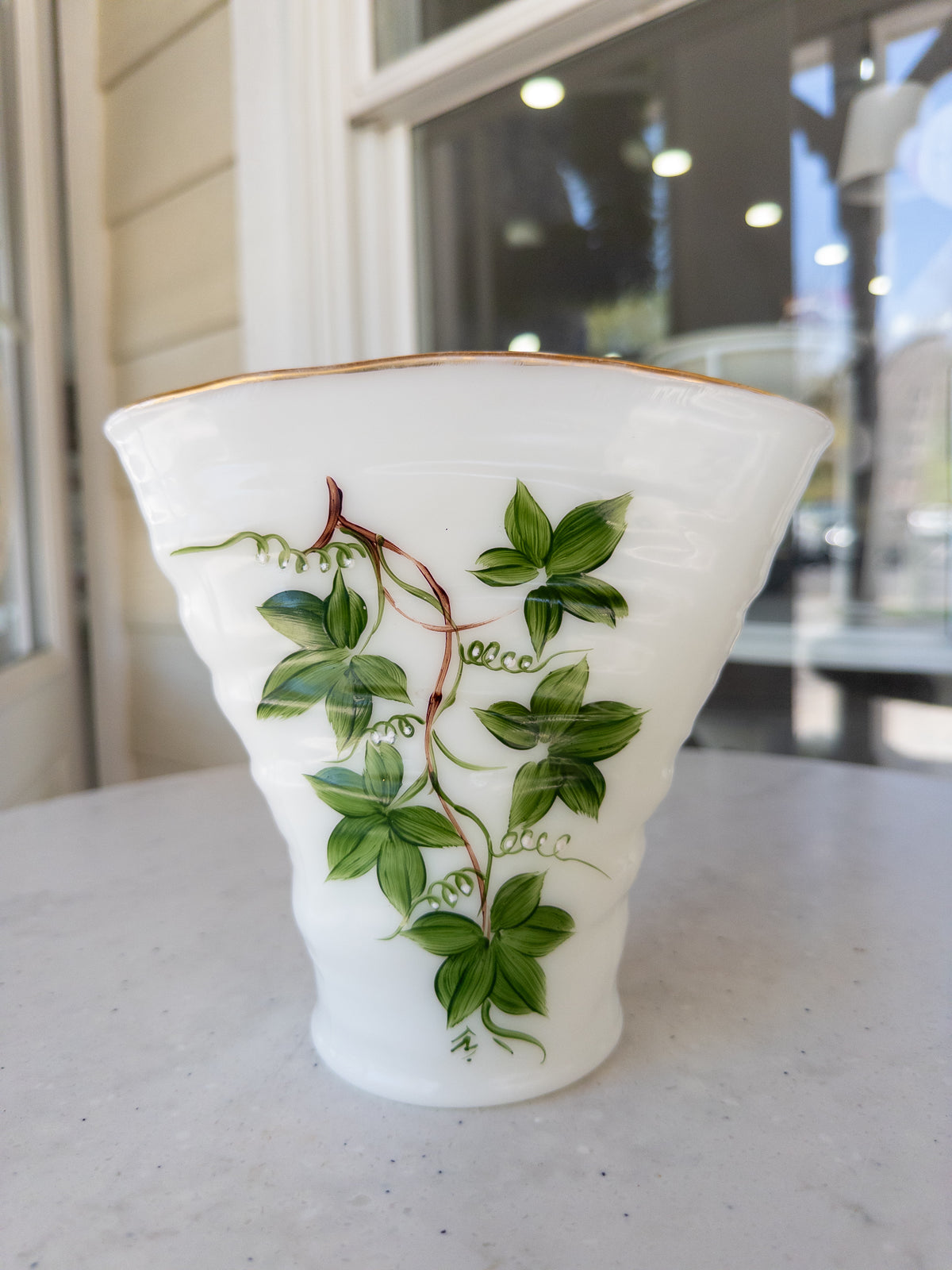 Vintage Hand-Painted Ivy Milk Glass Fan Vase w/ Gold Rim
