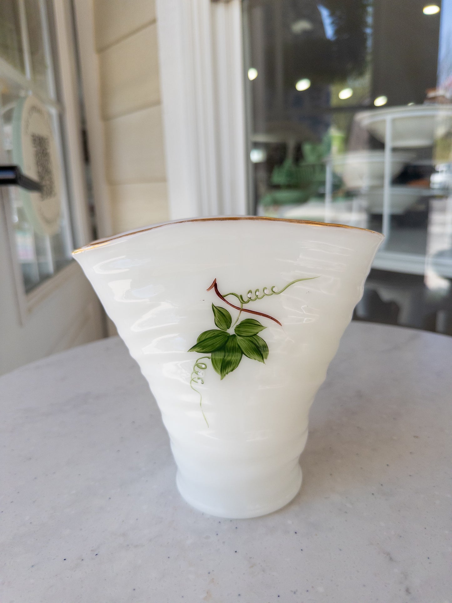 Vintage Hand-Painted Ivy Milk Glass Fan Vase w/ Gold Rim
