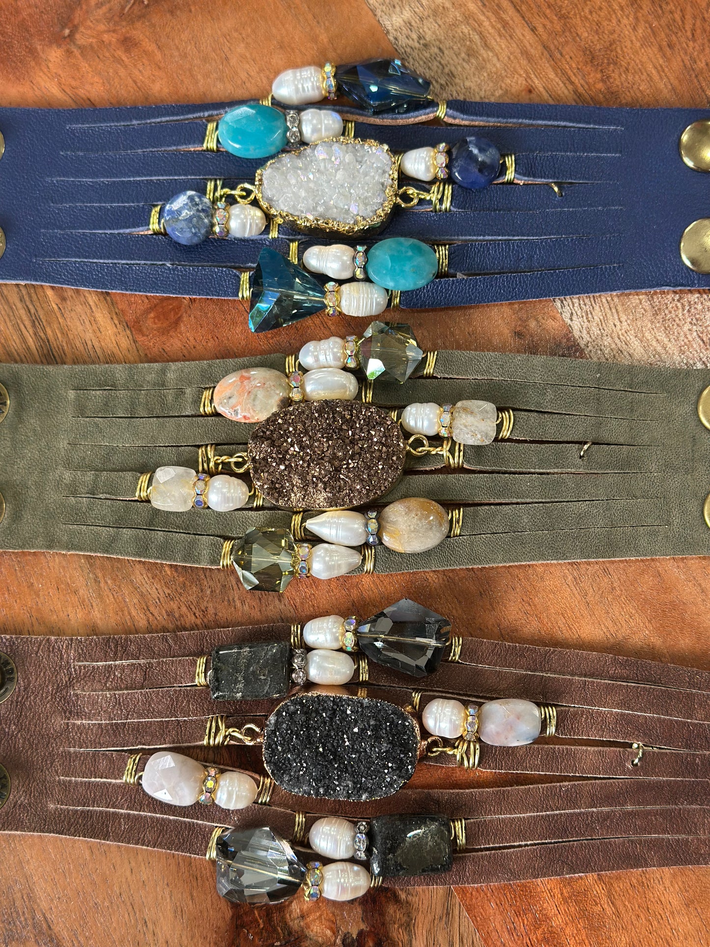 Gem and Pearl Wide Leather Cuff (* Multiple Styles)