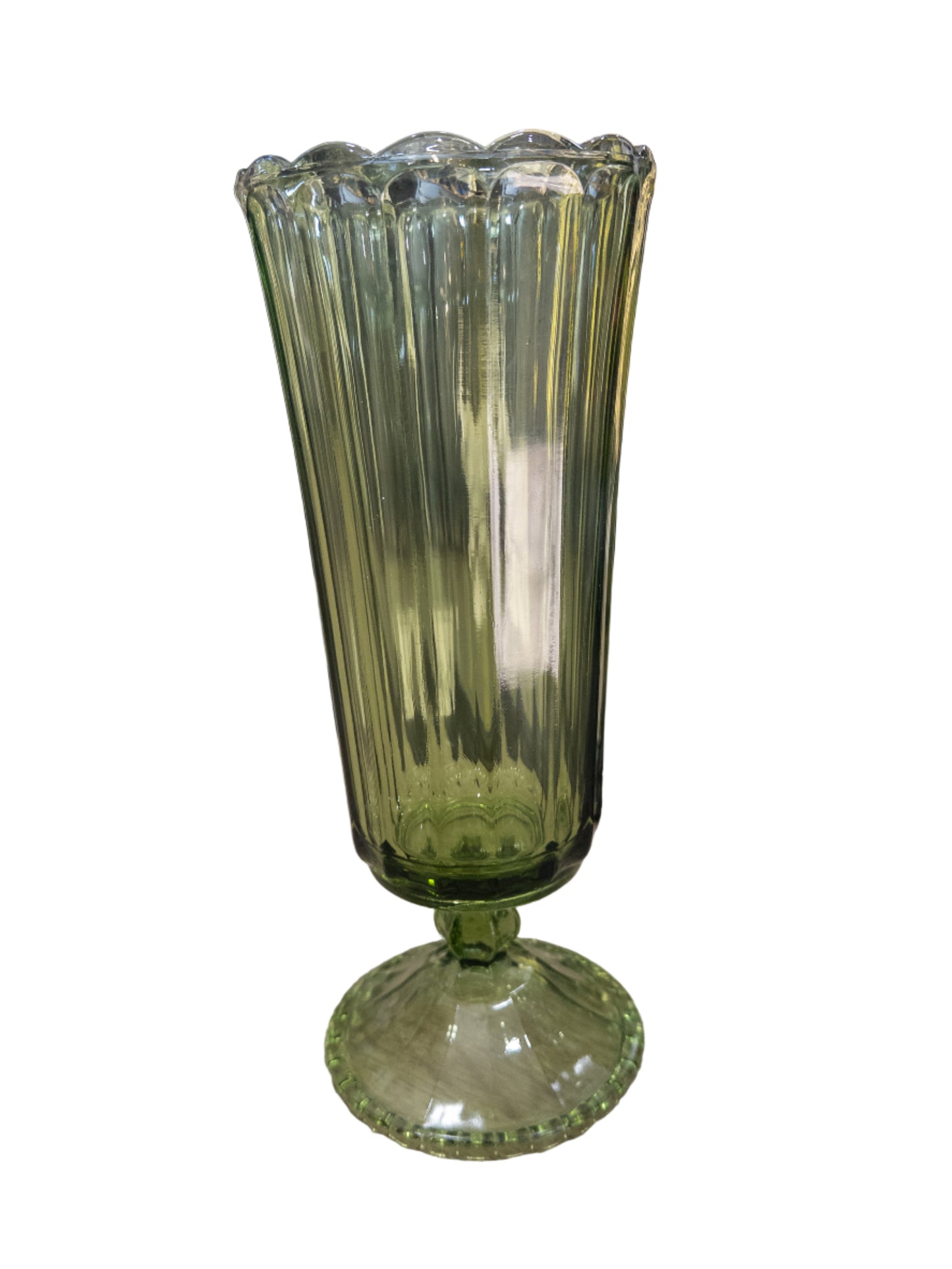 Vintage Green Depression Glass Vase, Ribbed Design with Scalloped Edge