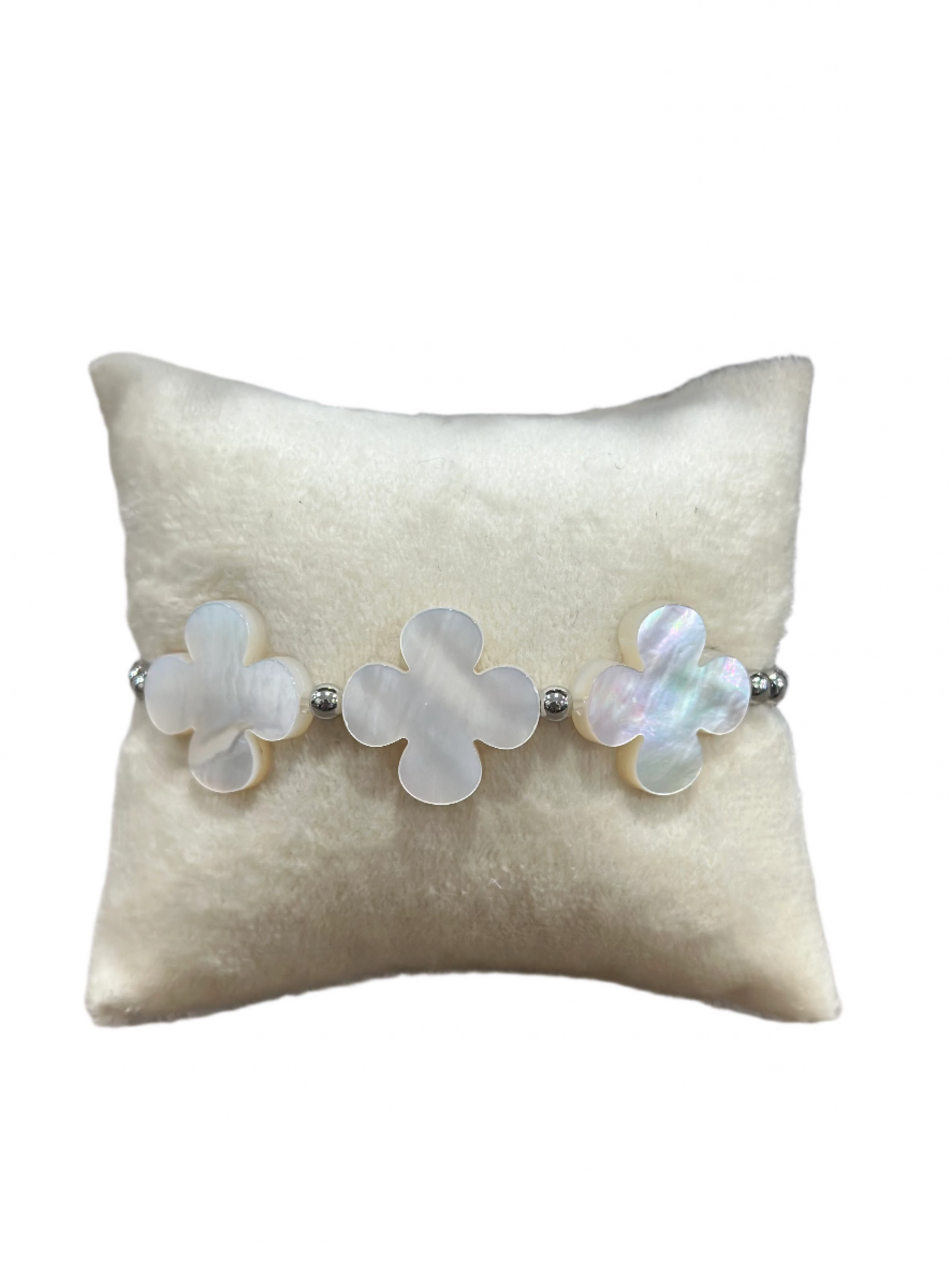 Triple Small Clover Silver Bead Stretch Bracelet