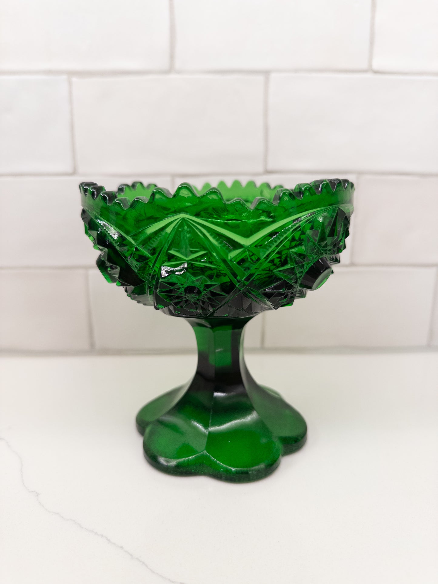 Vintage Wheaton Emerald Green Starburst Pressed Glass Compote
