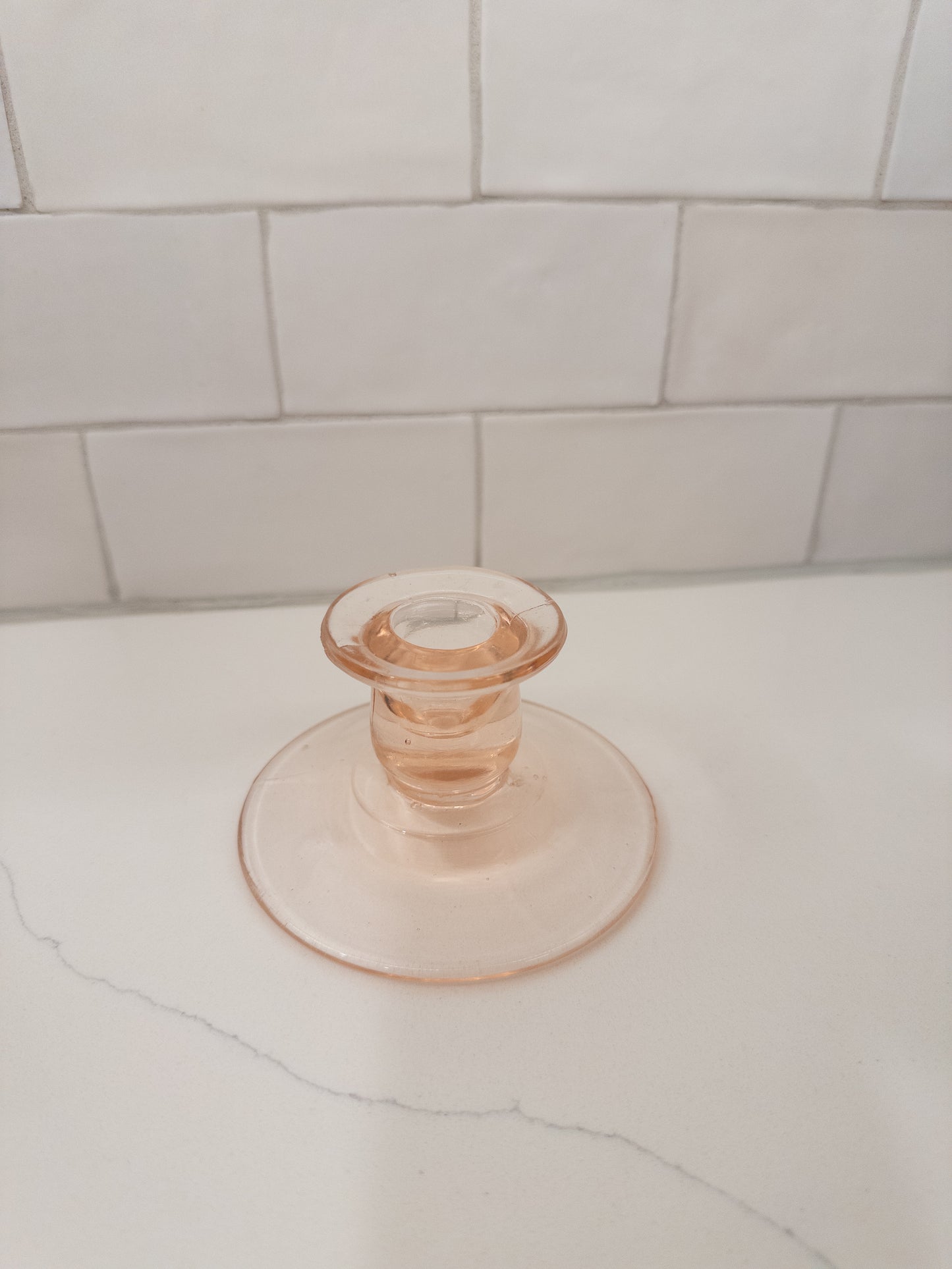 Vintage Pink Depression Glass Candlestick w/ Circular Base + Candle Cup