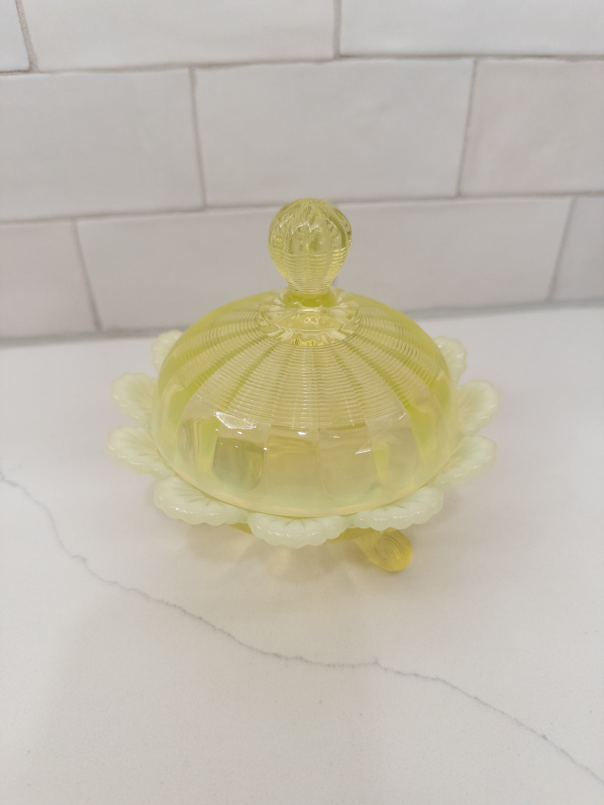 Vintage Northwood Vaseline Opalescent Ribbed Covered Footed Candy/Butter Dish