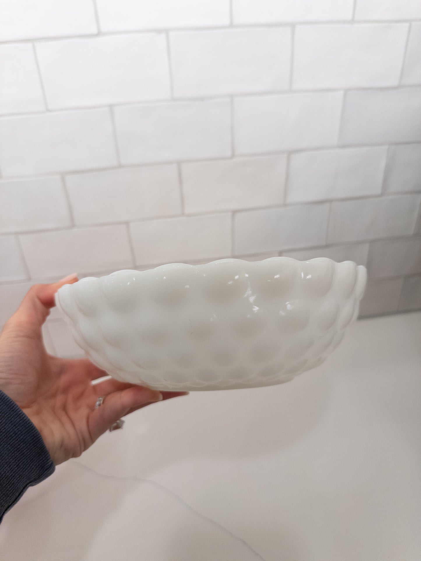 Vintage Anchor Hocking Milk Glass Bubble Pattern Serving Bowl