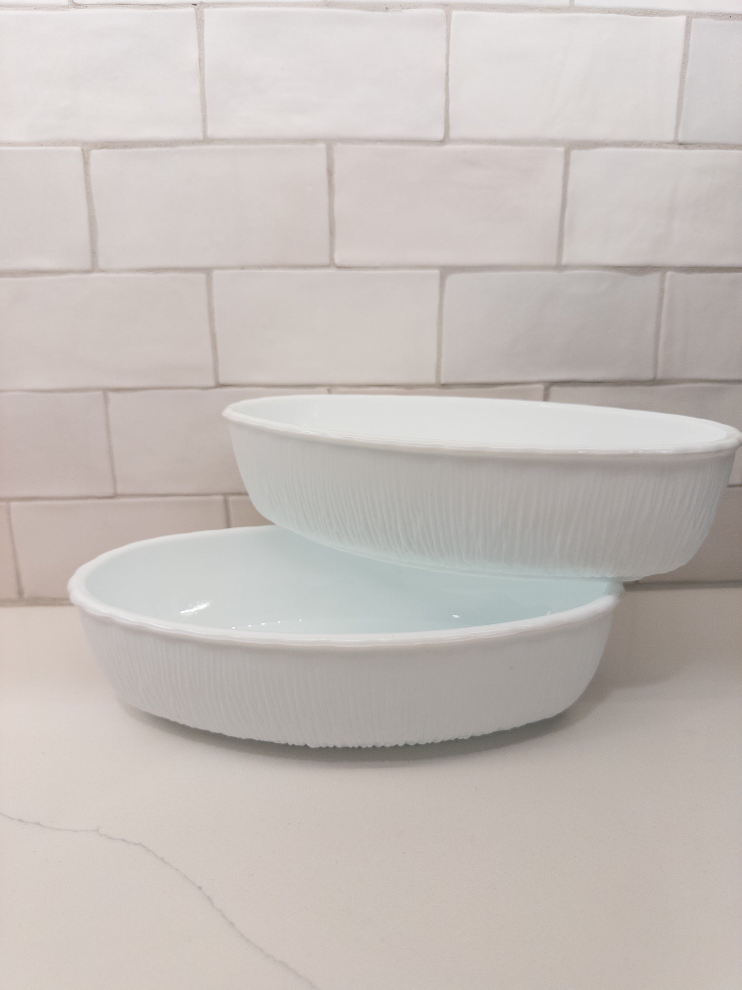 S/2, Vintage 1975 FTD Textured Milk Glass Oval Serving Bowl