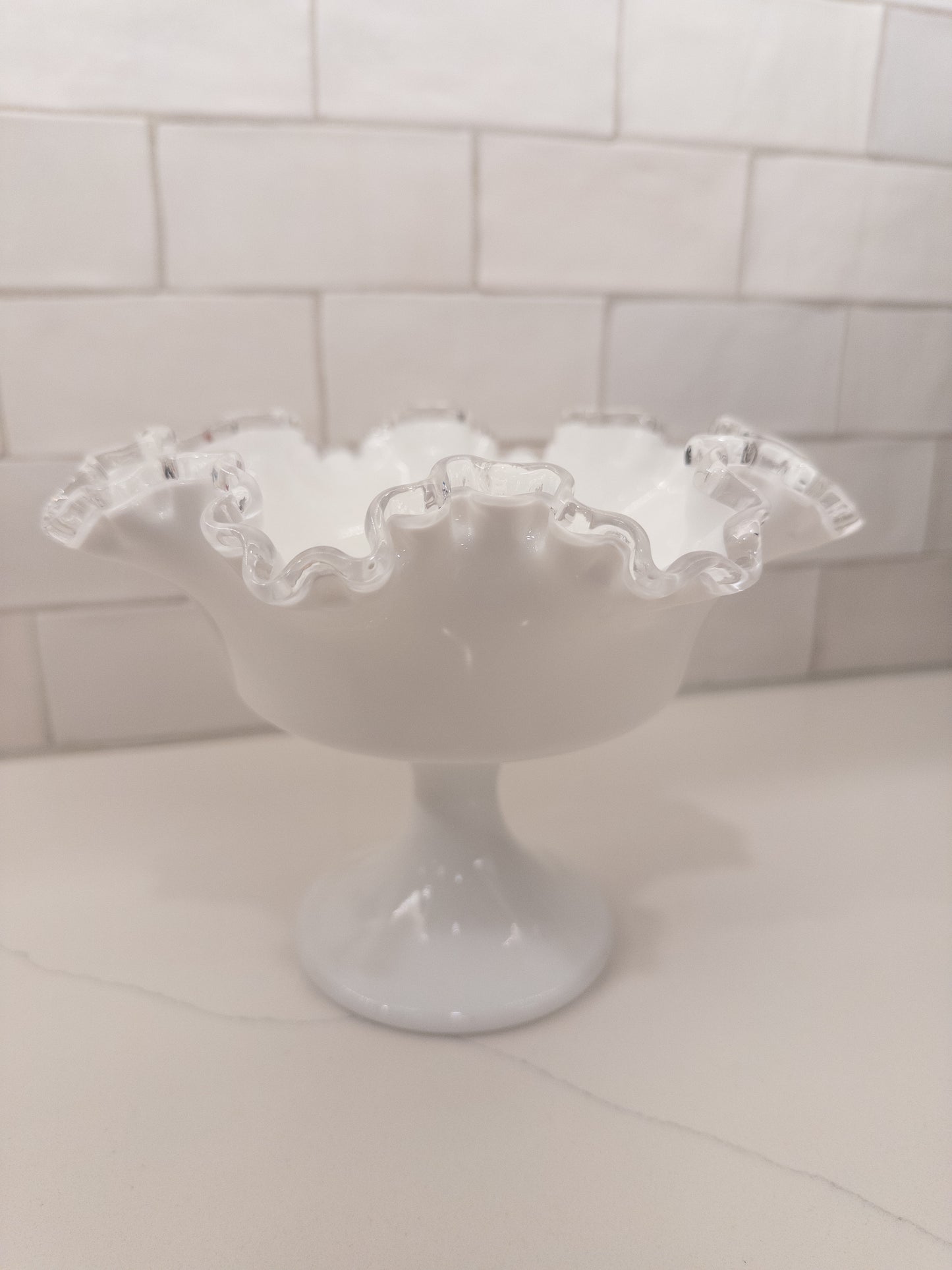 Vintage Fenton Silver Crest Milk Glass Ruffled Pedestal Compote