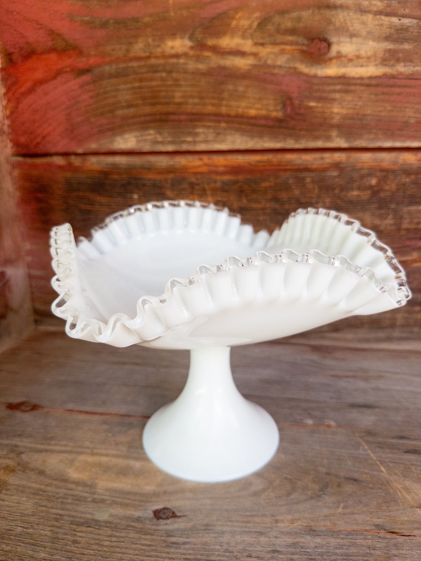 Vintage Fenton Silver Crest Milk Glass Pedestal Bowl w. Ruffled Clear Rim