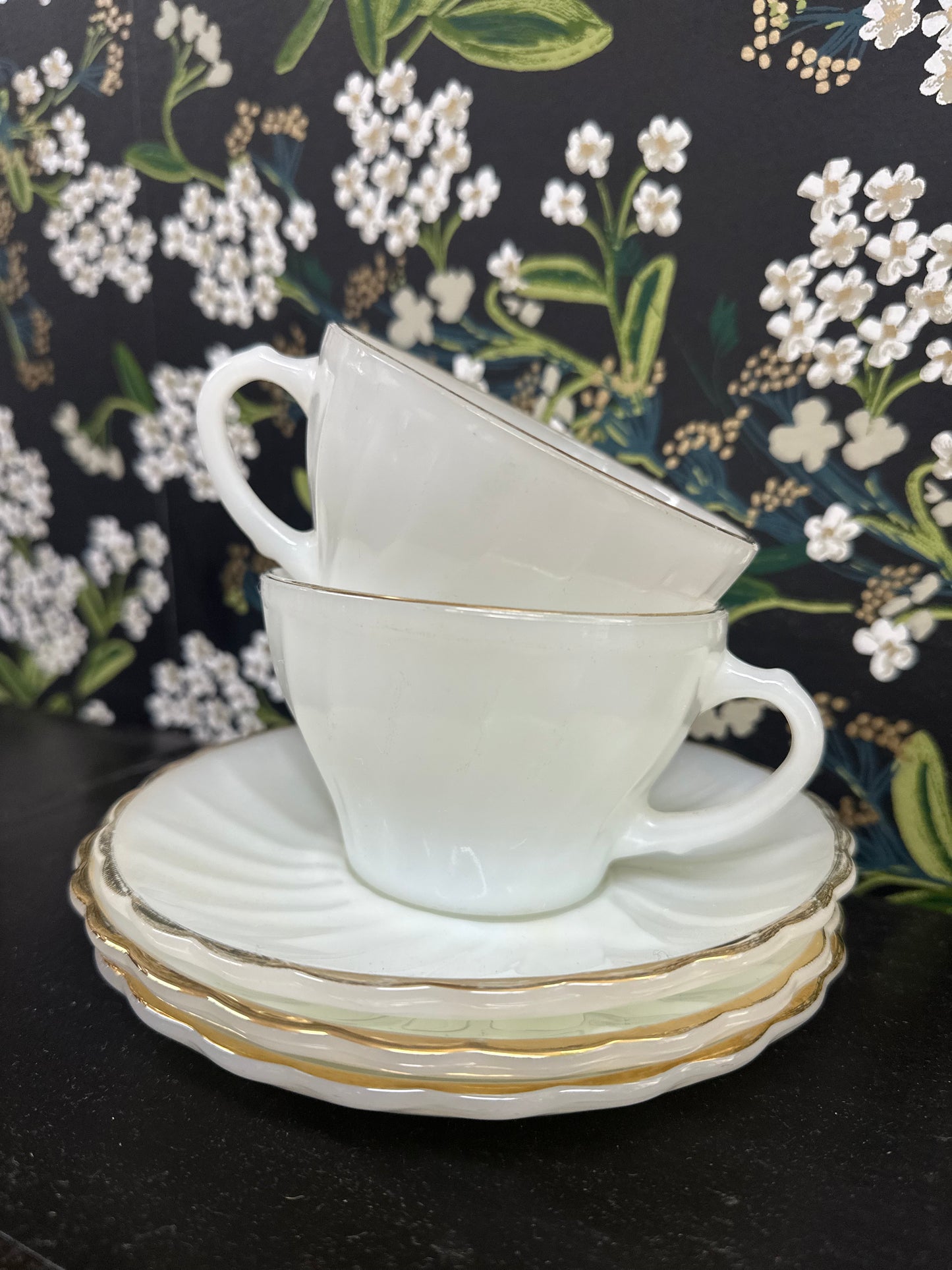 Set of 2, Vintage Anchor Hocking Gold Rim Swirl Milk Glass Cup + Saucers