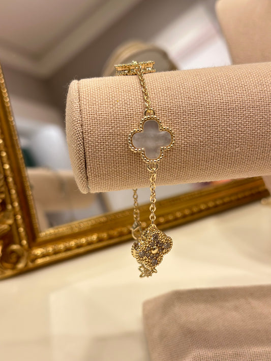 Mother of Pearl & Crystal Gold Clovers Bracelet