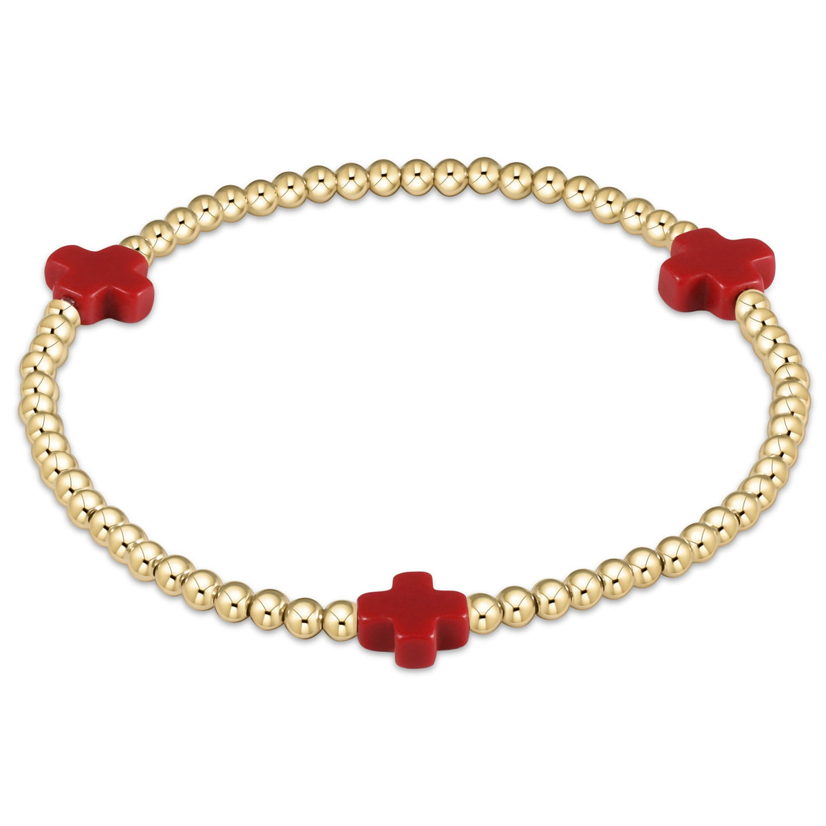 enewton Signature Cross 3mm Gold Beaded Bracelet in Red shown flat on a plain white background