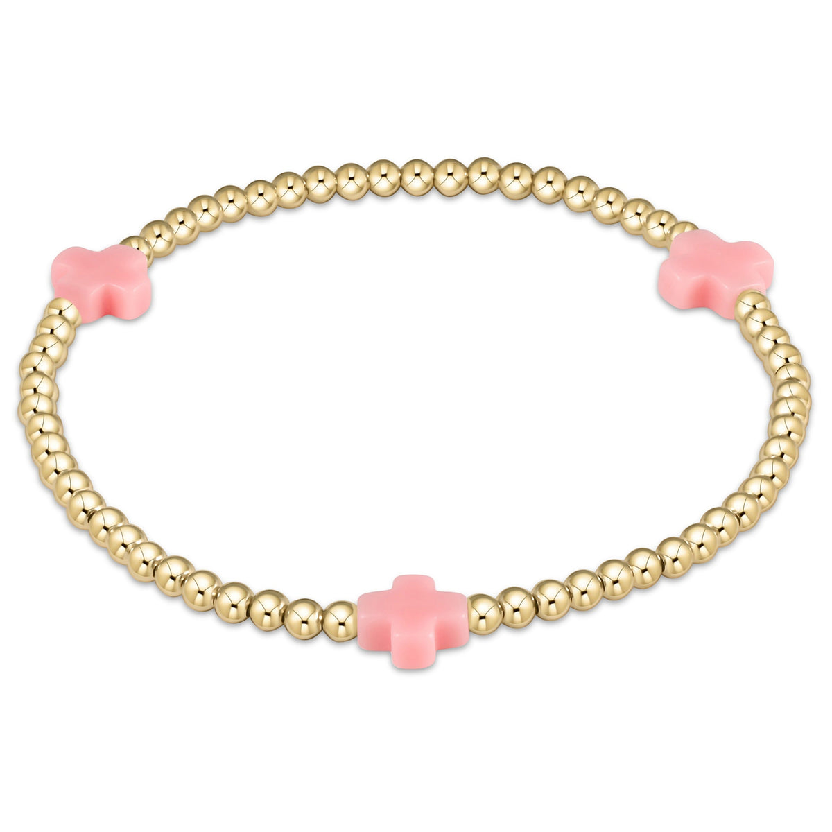 enewton Signature Cross 3mm Gold Beaded Bracelet in Pink shown flat on a plain white background