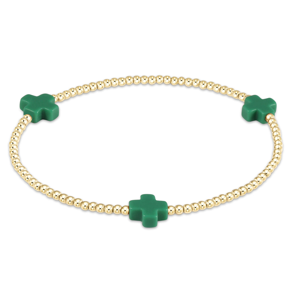 enewton Signature Cross 2mm Gold Beaded Bracelet in Emerald shown flat on a plain white background