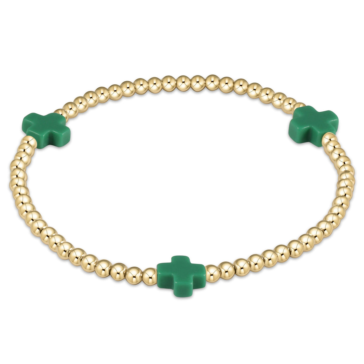 enewton Signature Cross 3mm Gold Beaded Bracelet in Emerald shown flat on a plain white background