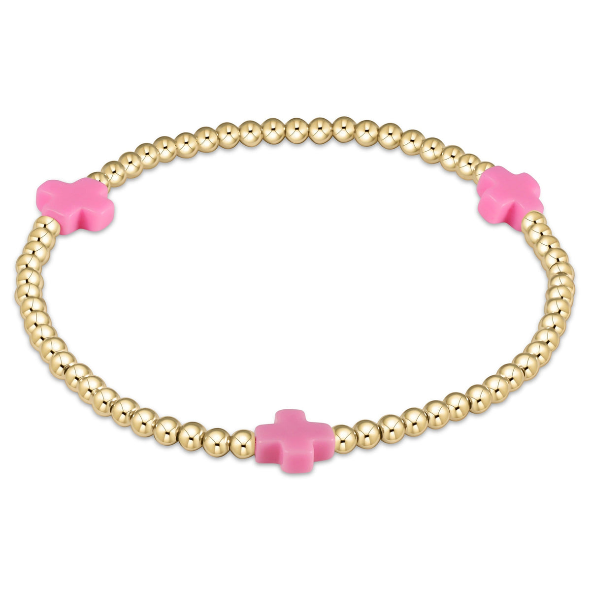 enewton Signature Cross 3mm Gold Beaded Bracelet in Bright Pink shown flat